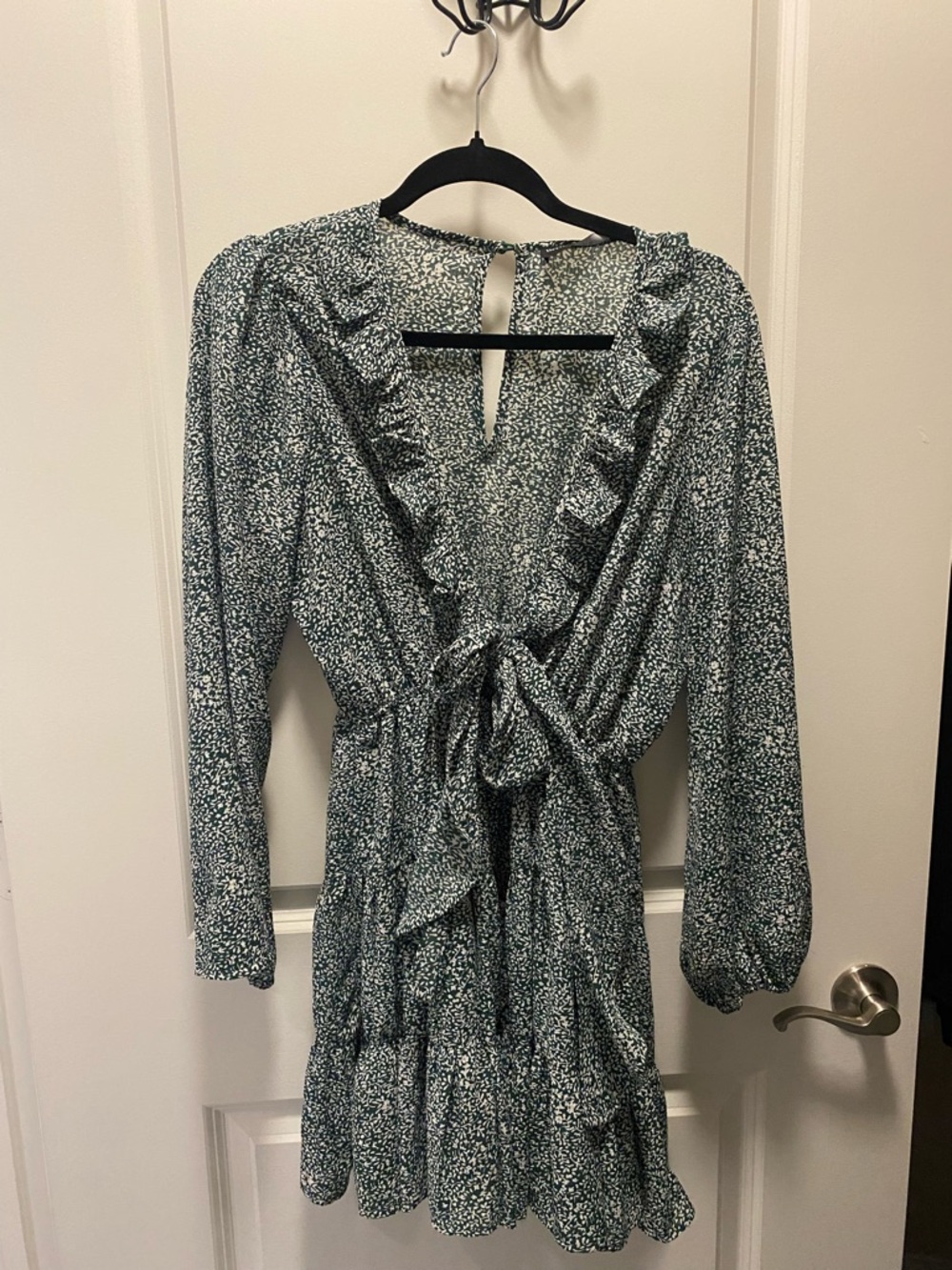 Green Floral Ruffle Tie-Waist Mini Dress